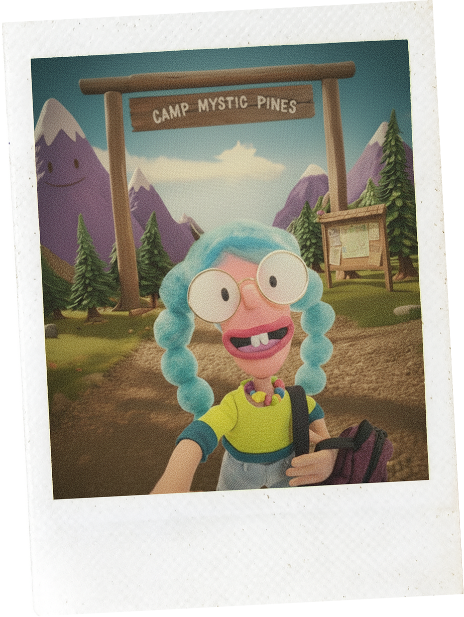 Penny holding a polaroid from Camp Mystic Pines